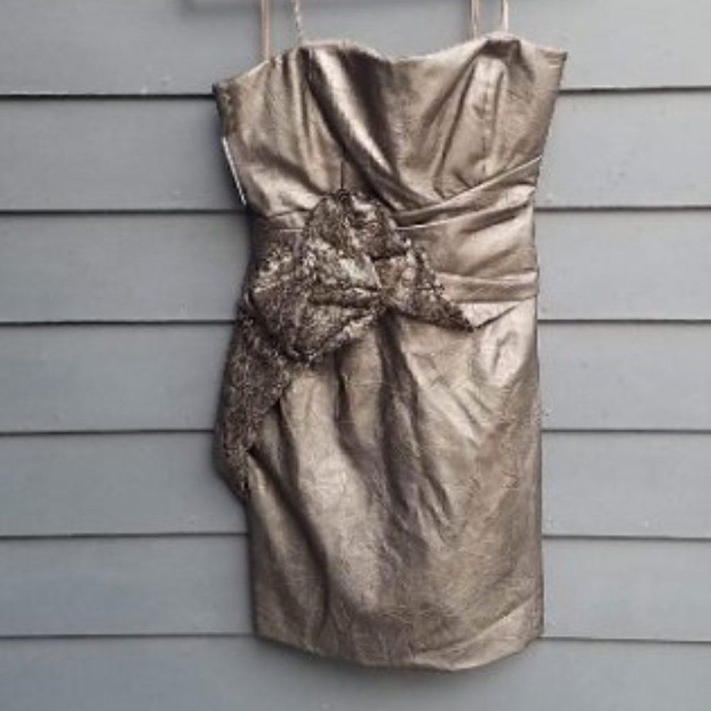 Mark & James Badgley Mischka Faux Leather Bronze Strapless Dress Size 4 NWT
